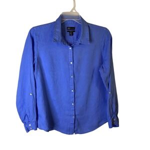 Jones New York Women XL 100% Linen Shirt Blue Roll Tab Long Sleeve Blouse